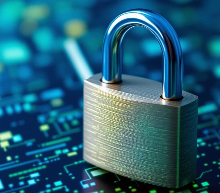 Schloss auf digitalem Hintergrund zur Datensicherheit.