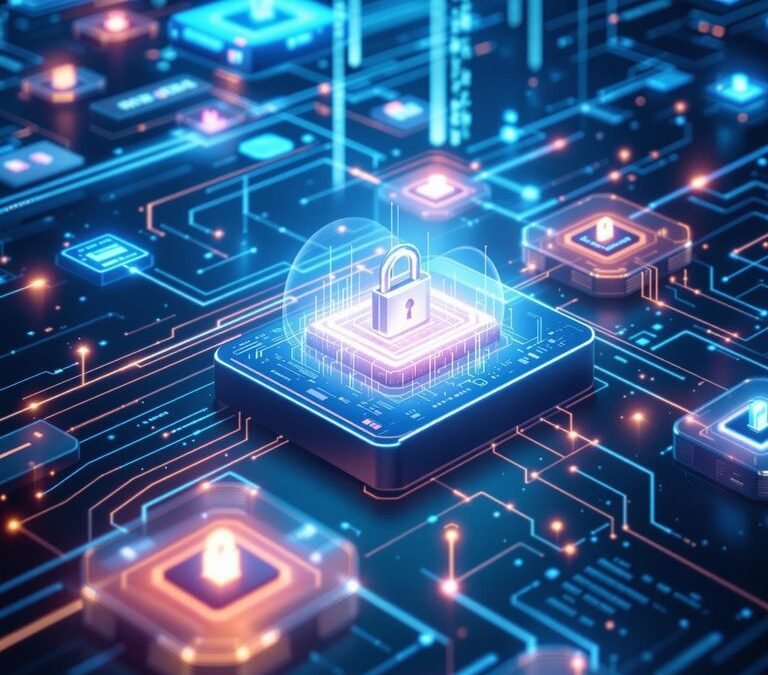 Futuristische digitale Landschaft mit Datensicherheitselementen.